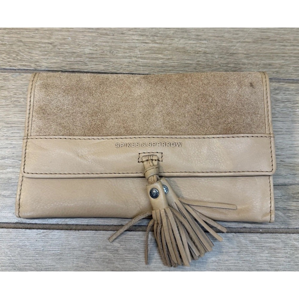 Spikes & Sparrow Genuine Leather Suede Folding Clutch Wallet Camel Brown Tassel